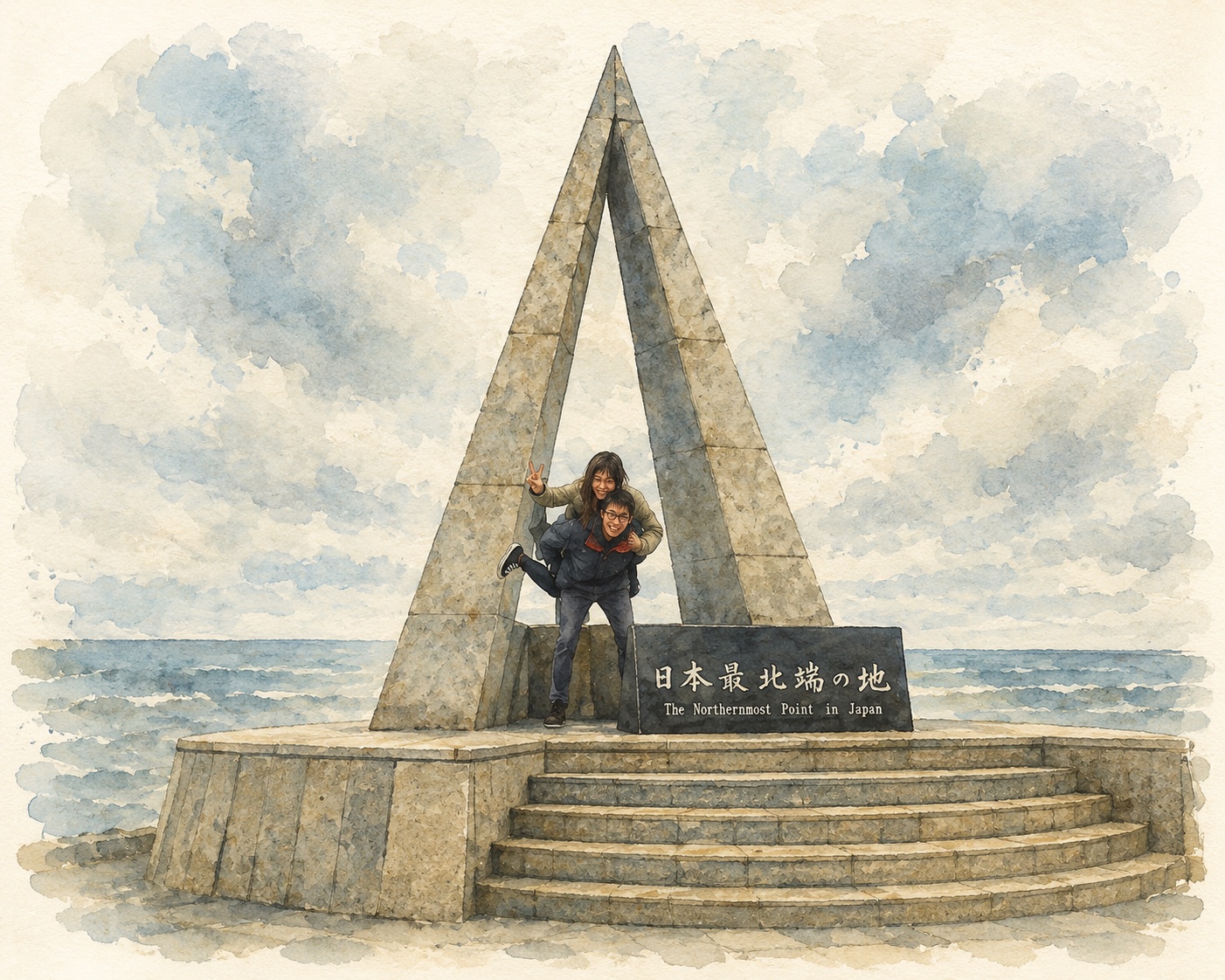 Aylwin carrying Karina in front of the Monument of Japan's Northernmost Point at Cape Sōya in May 2013.